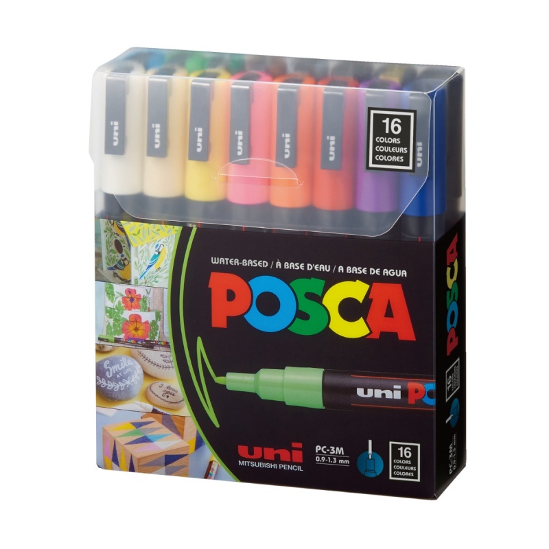 Marker UNI Posca PC-3M, varf rotund, 0.9-1.3mm, set 16 culori