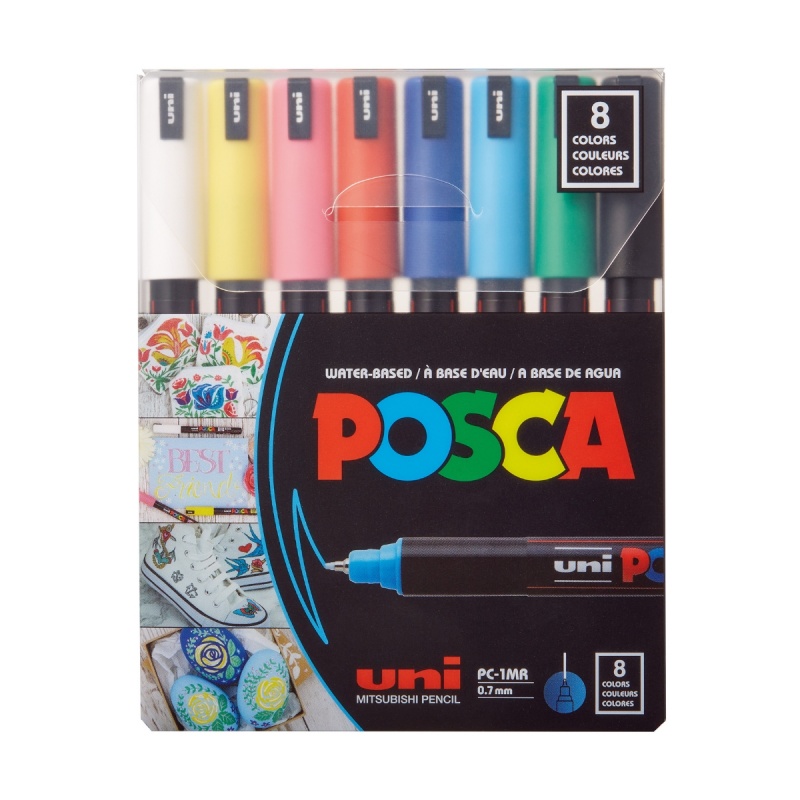 Marker UNI Posca PC-1MR, varf fin metalic, 0.7mm, set 8 culori