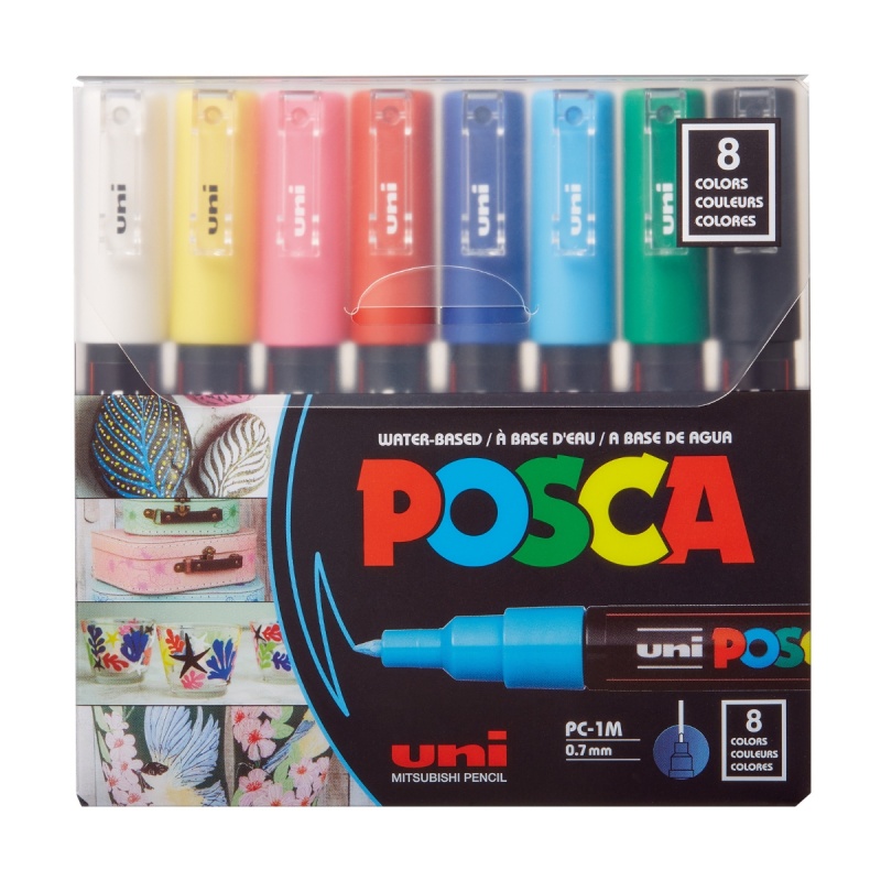 Marker UNI Posca PC-1M, varf rotund, 0.7mm, set 8 culori