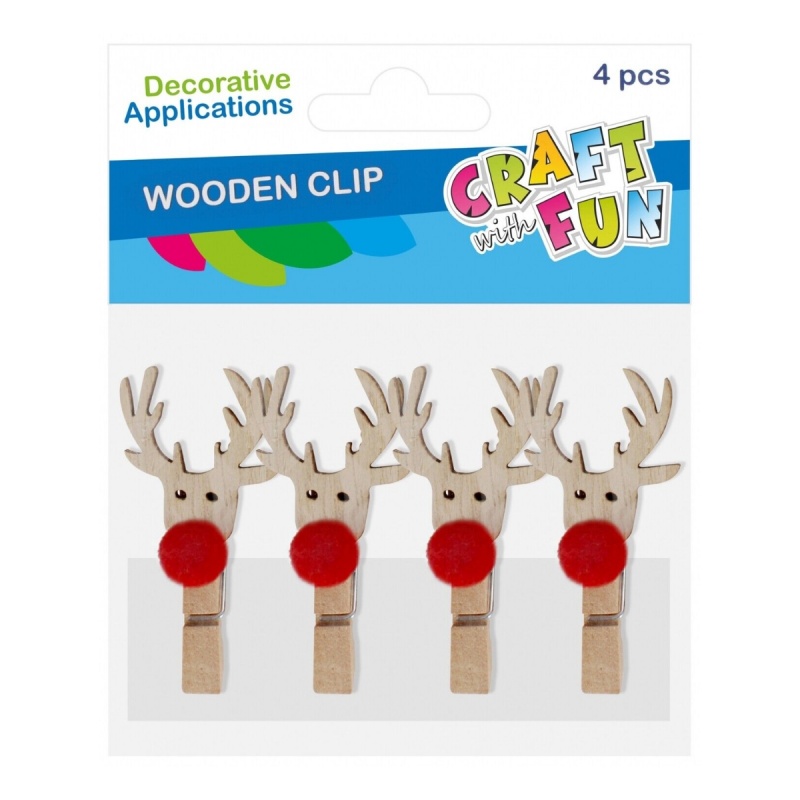 Accesorii creatie - lemn - carlig ren cu nas rosu, set 4 buc, Craft with Fun 545819