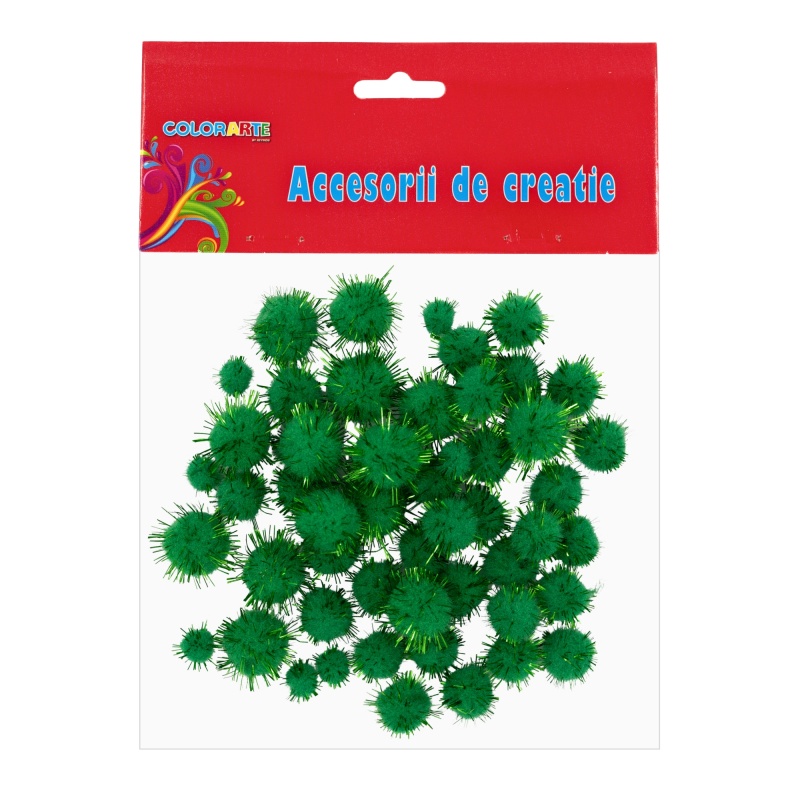 Accesorii creatie - Pom Pom, verde cu sclipici, 10-20mm, set 55 buc, Colorarte, MY26
