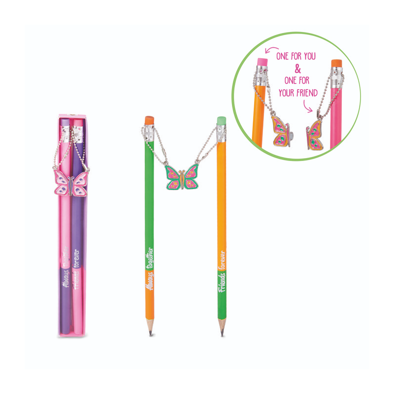 Creion grafit Trendhaus CH32370, HB, cu guma de sters, cu pandantiv fluture metalic, set 2 buc