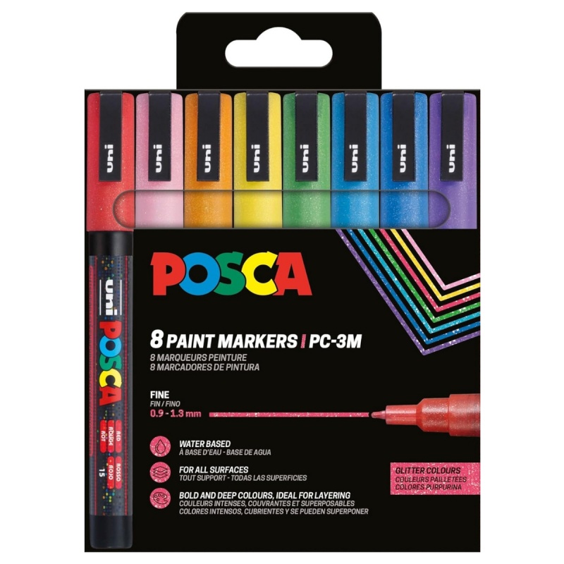 Marker UNI Posca PC-3ML, varf rotund, 0.9-1.3mm, set 8 culori cu sclipici