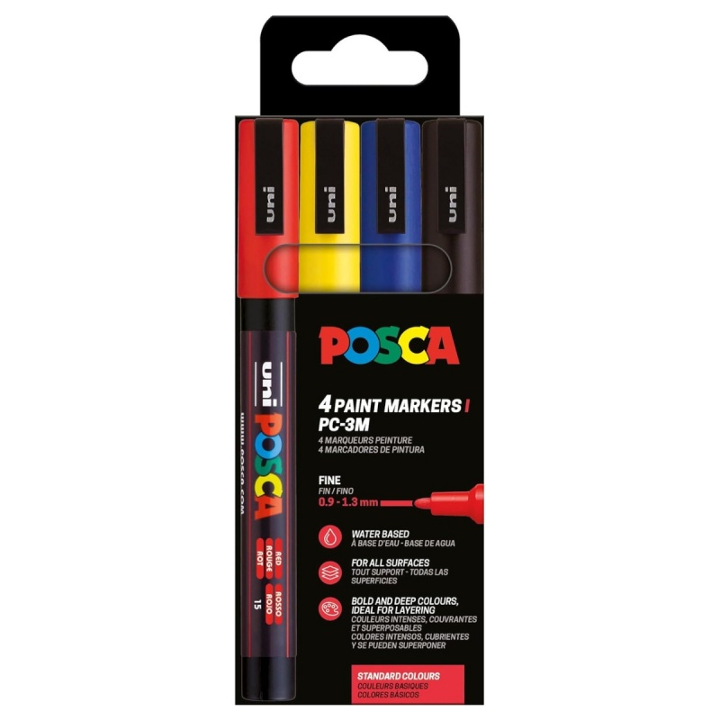 Marker UNI Posca PC-3M, varf rotund, 0.9-1.3mm, set  4 culori