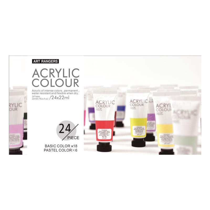 Culori acrilice Magi-Wap Art Rangers, 24 culori x 22ml, culori de baza, culori pastel, metalice, cu sclipici, FEA2422T-2