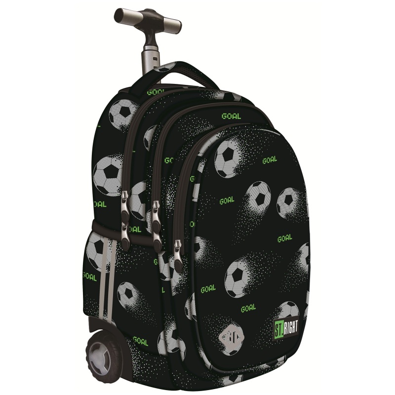 Ghiozdan St.Majewski St.Right Pixel Balls, 44cm, 4 compartimente, tip troller, roti silicon, negru