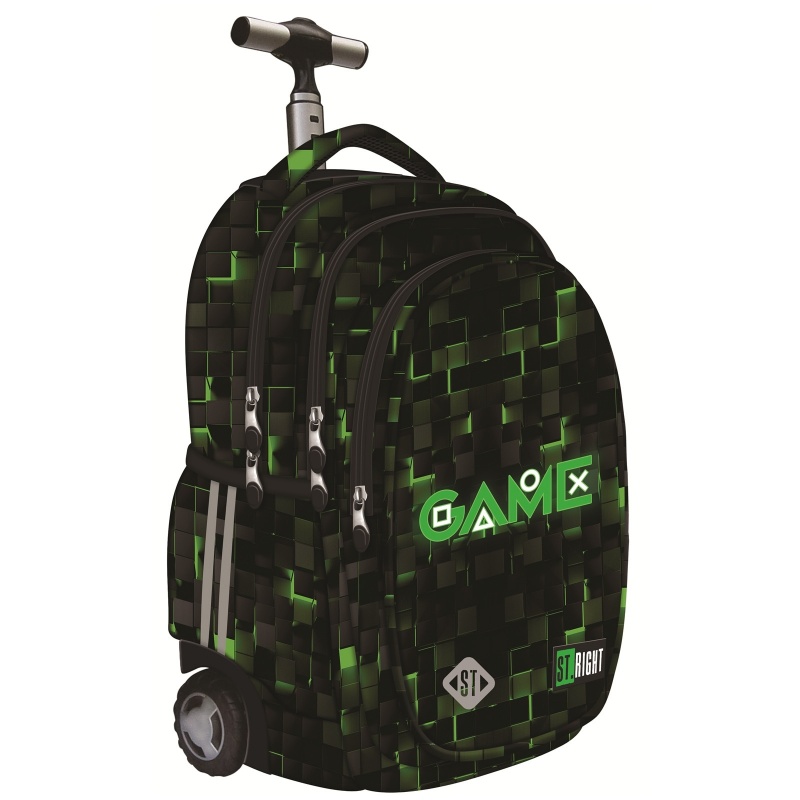 Ghiozdan St.Majewski St.Right Green Game, 44cm, 4 compartimente, tip troller, roti silicon, negru