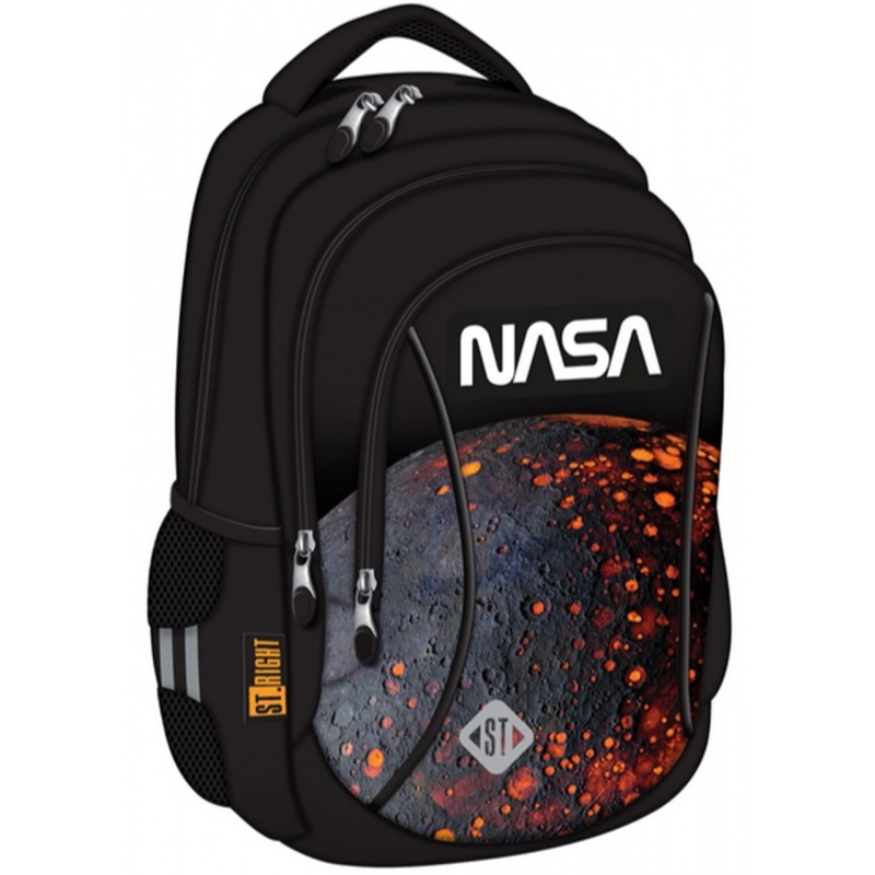 Ghiozdan St.Majewski St.Right Red Planet, 39cm, 3 compartimente, negru cu portocaliu