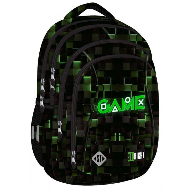 Ghiozdan St.Majewski St.Right Green Game, 43cm, 4 compartimente, negru cu verde