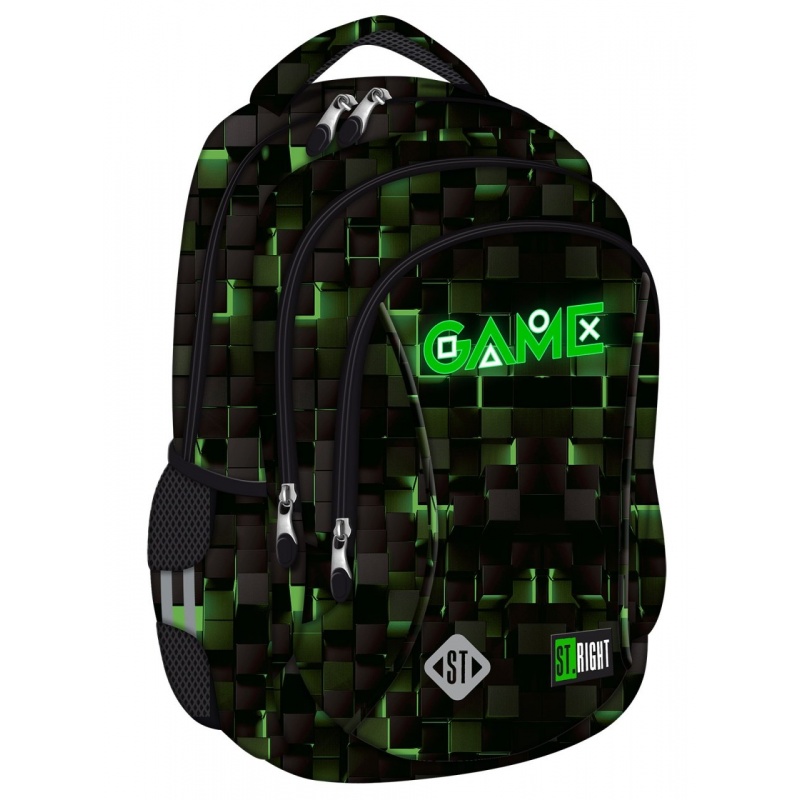 Ghiozdan St.Majewski St.Right Green Game, 44cm, 3 compartimente, negru cu verde