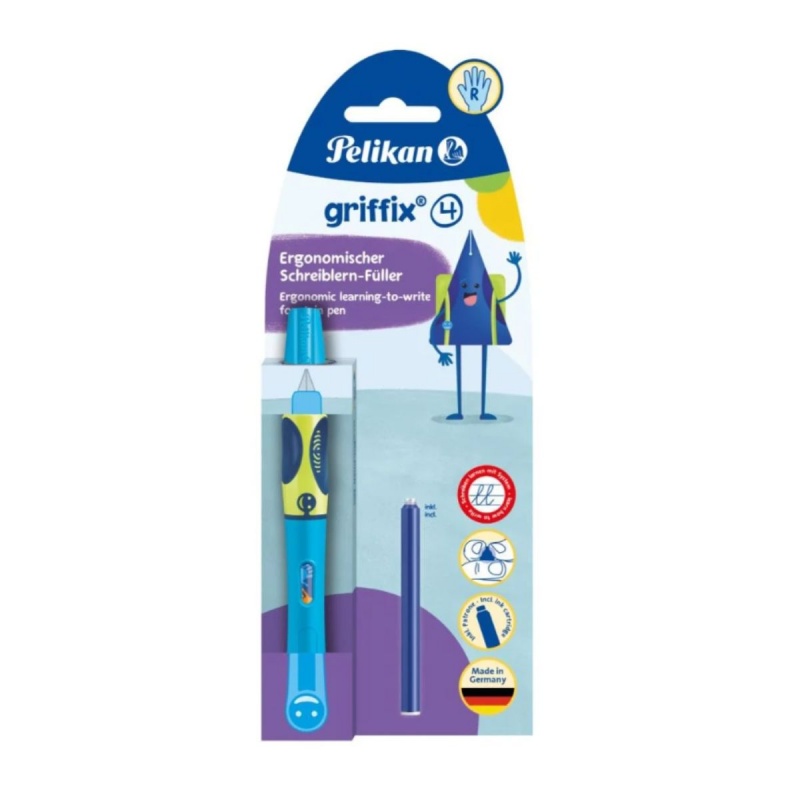 Stilou Pelikan Graffix4 820349, varf M, alimentare rezerve, corp plastic , +1 rezerve, pentru dreptaci, neon blue, blister