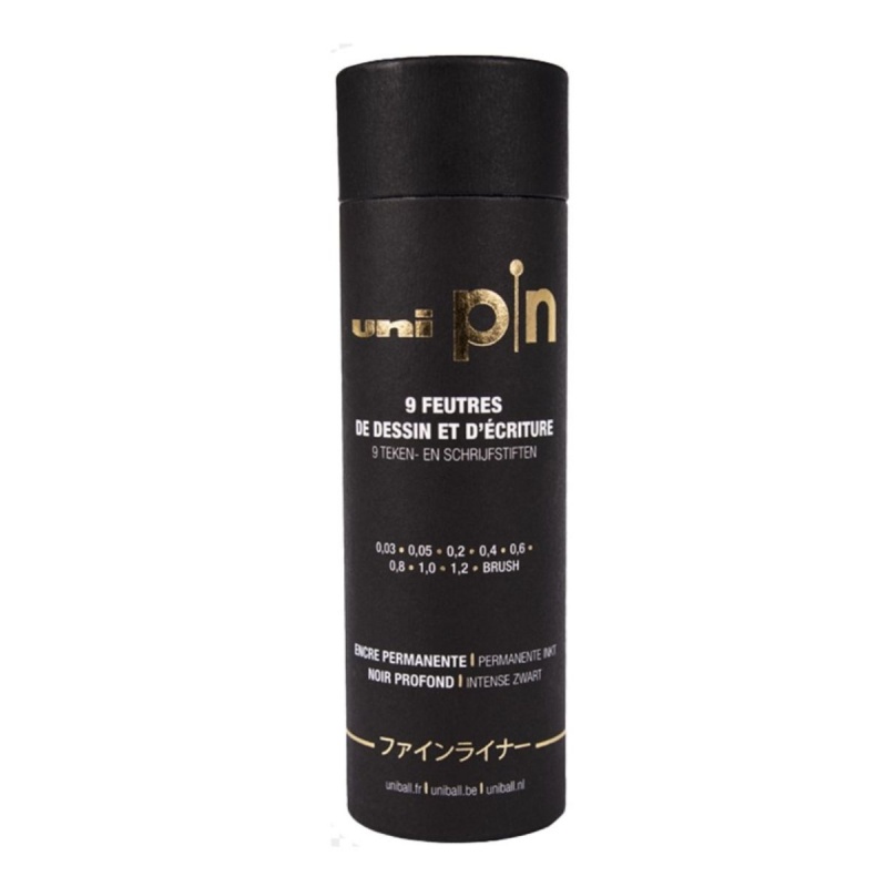 Liner UNI PIN-200, set 9 buc + cutie cadou cilindrica, varfuri diverse, negru