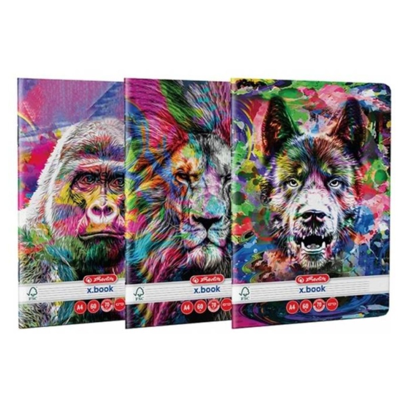 Caiet scolar A4 Herlitz X.Book Color Animals, 60 file, dictando, colturi rotunjite, 70g/mp, FSC, 9491960