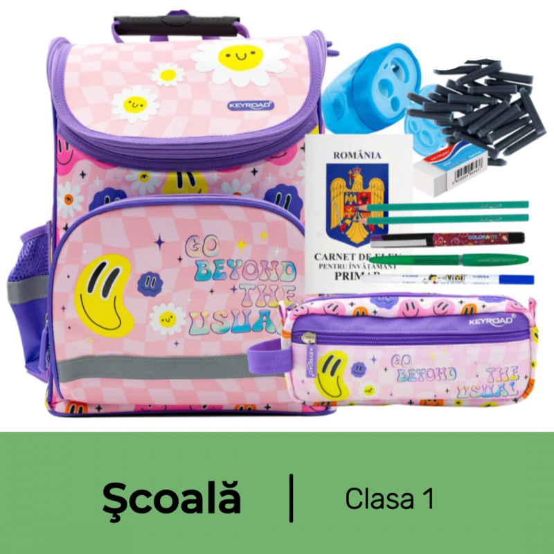 Pachet rechizite scoala clasa 1, Ghiozdan echipat de baza, fata, 11 piese