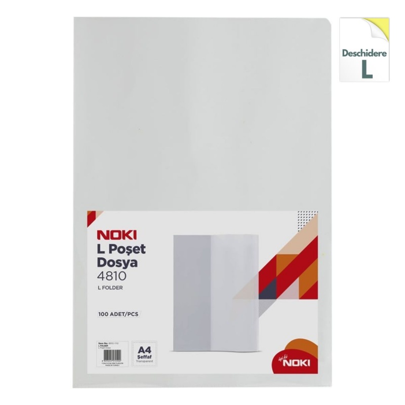 Folie de protectie Noki 4810-90, A4, portret, 70 microni, deschidere in L, plastic, transparent, set 100 buc