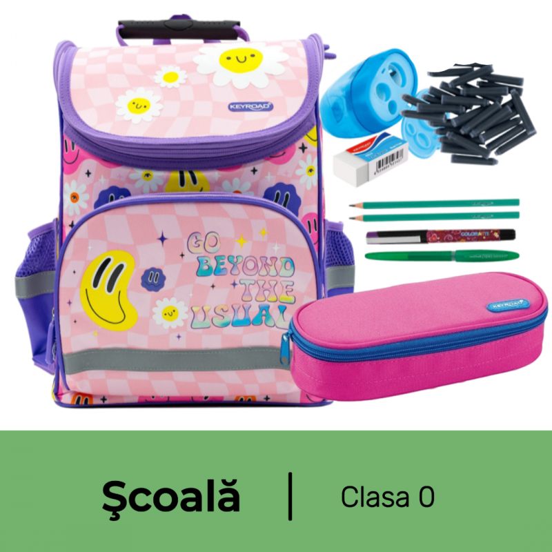 Pachet rechizite scoala clasa 0, Ghiozdan echipat de baza, fata, 9 piese