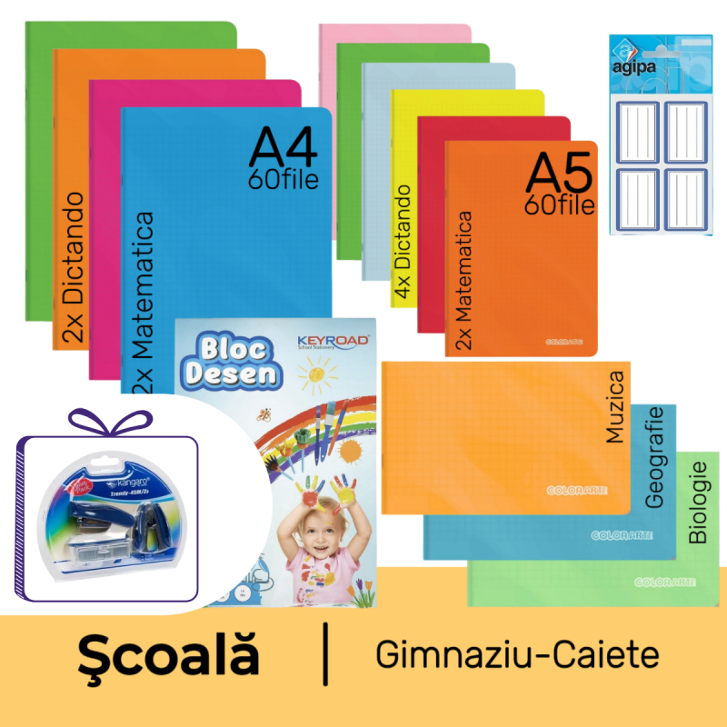 Pachet rechizite scoala clasele 5-8, PACHET CAIETE, fata/baiat, 16 piese