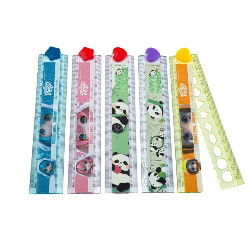 Rigla Cnx, 30cm, plastic, din 2 parti pliabile, cu sabloane forme geometrice, diverse culori