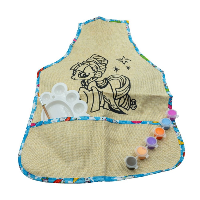 Set pictura - 4 piese - sort protectie haine iuta + paleta + 6 culori + pensula