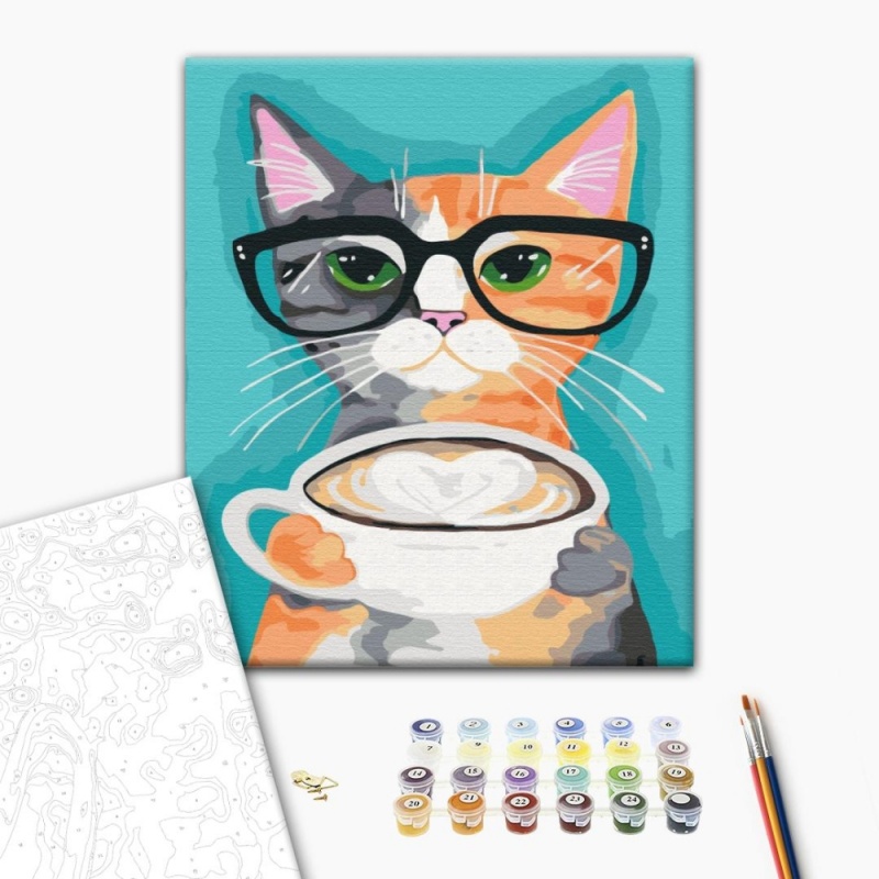 Set pictura pe numere 40x50cm, Brushme - Pisica la o cafea - pensule, culori, BS22698