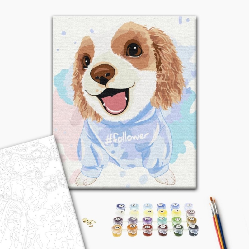 Set pictura pe numere 40x50cm, Brushme - Catelul prieten - pensule, culori, BS51353