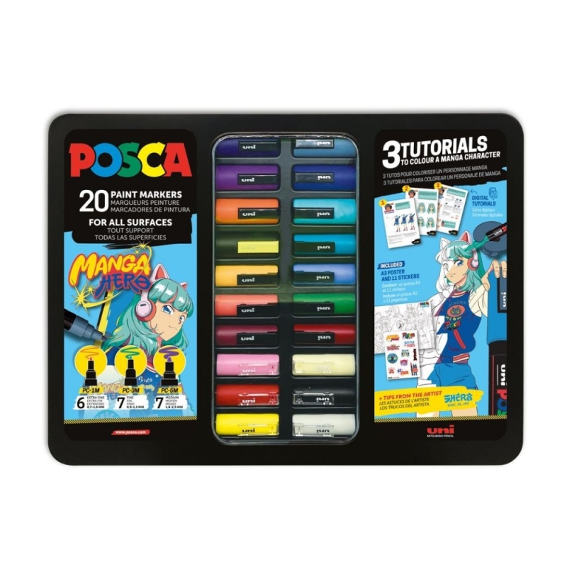 Set 20x Marker UNI Posca Manga Hero, cutie metalica (6x PC-1M, 7x PC-3M, 7x PC-5M)