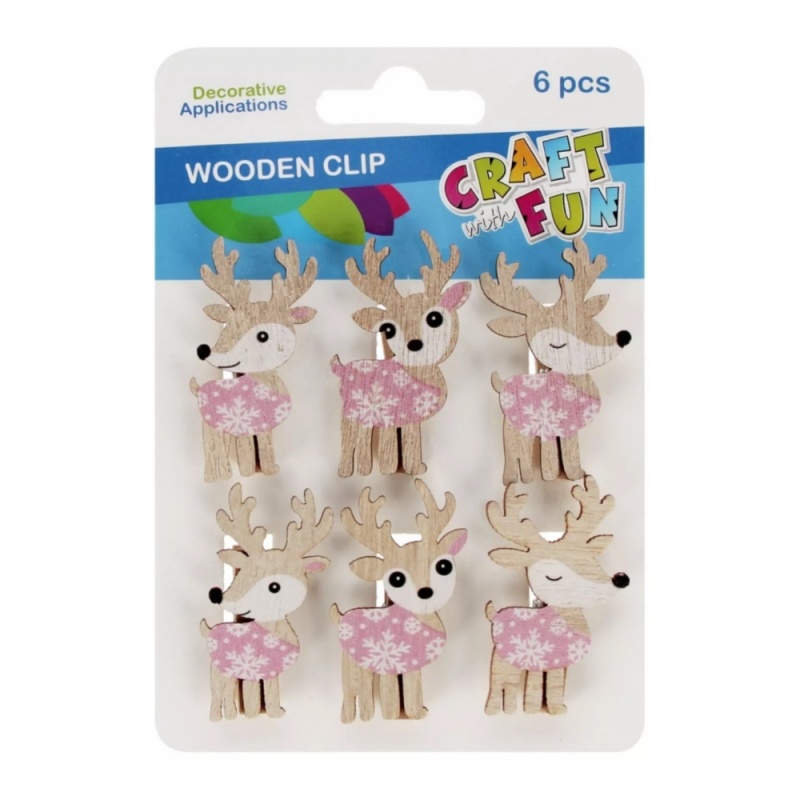 Accesorii creatie - lemn - carlig reni Craciun, 4.5cm, set 6 buc, Craft with Fun 567218