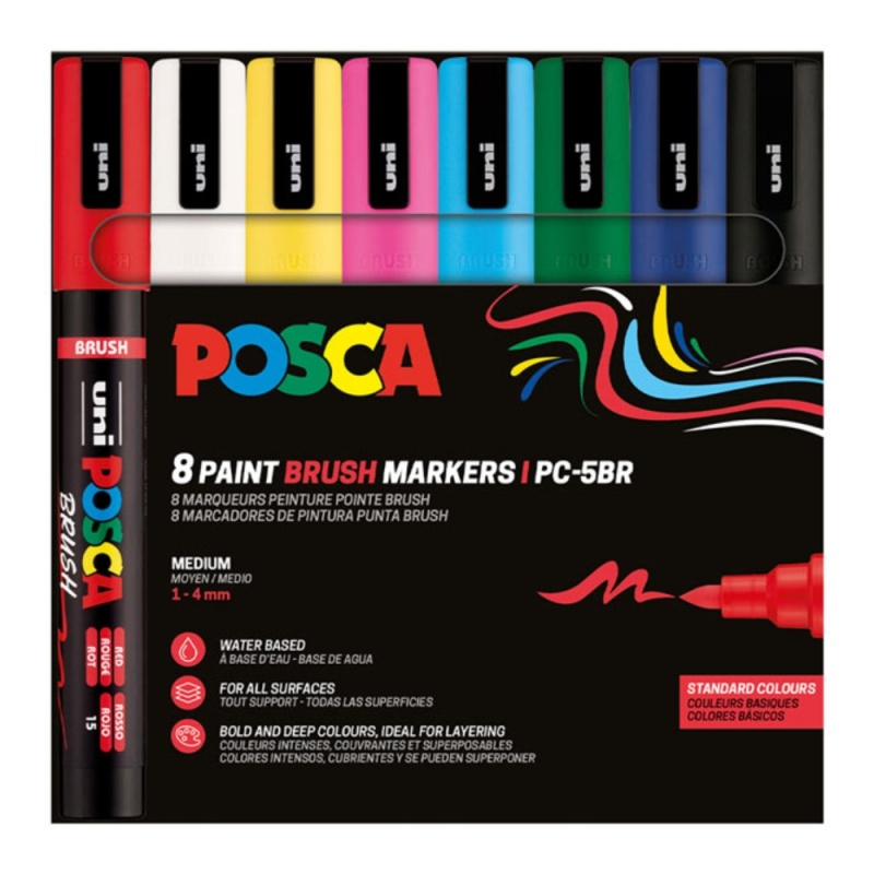 Marker UNI Posca PC-5BR, varf pensula, 1-4mm, set  8 culori