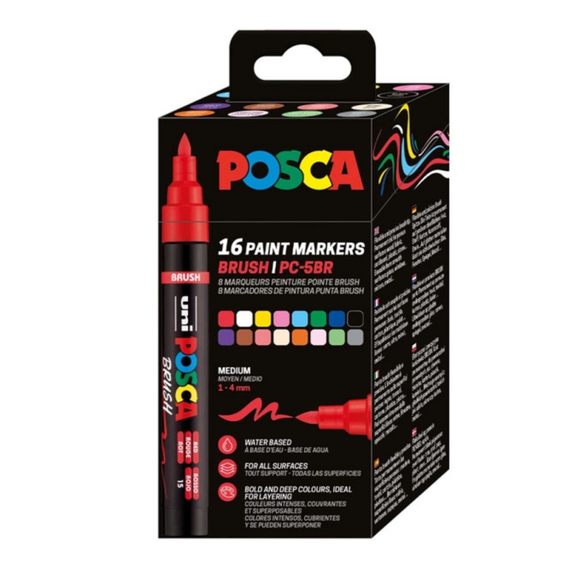 Marker UNI Posca PC-5BR, varf pensula, 1-4mm, set 16 culori