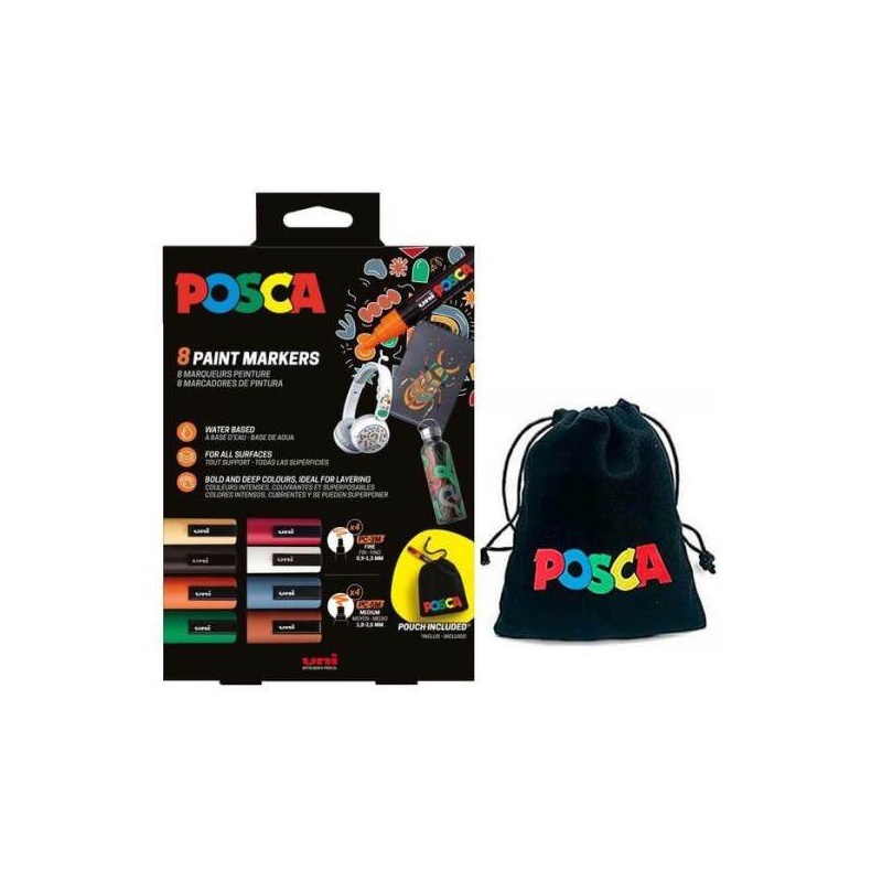 Set 8x Marker UNI Posca (4xPC-5M si 4xPC-3M), varf rotund, cutie carton + saculet textil model 2025