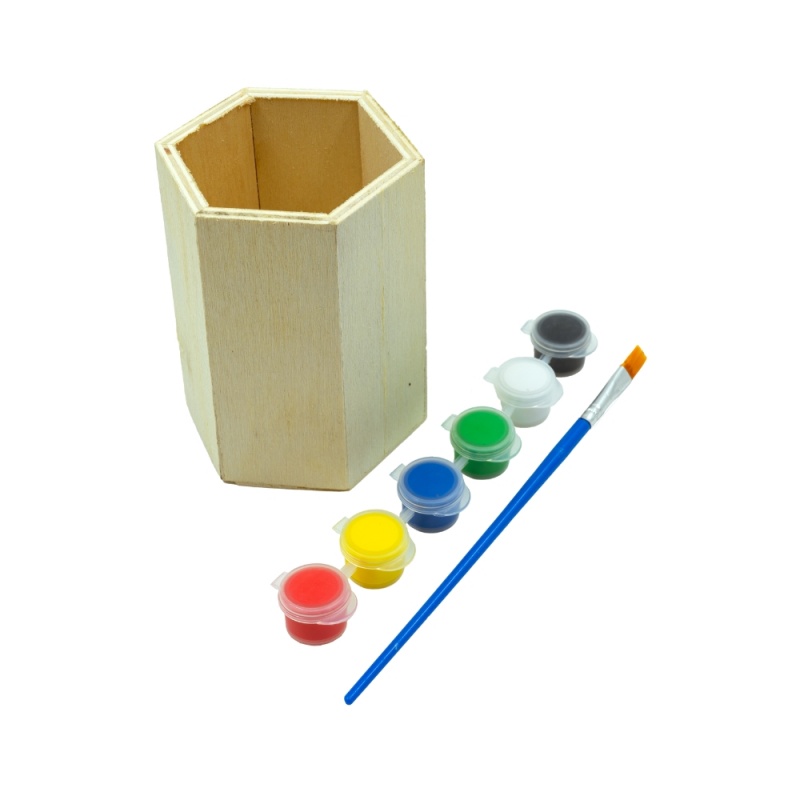 Accesorii creatie - lemn pictura - pahar hexagonal,  +6 culori +pensula, pentru pictat, CNX
