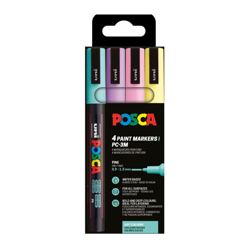 Marker UNI Posca PC-3M, varf rotund, 0.9-1.3mm, set  4 culori pastel