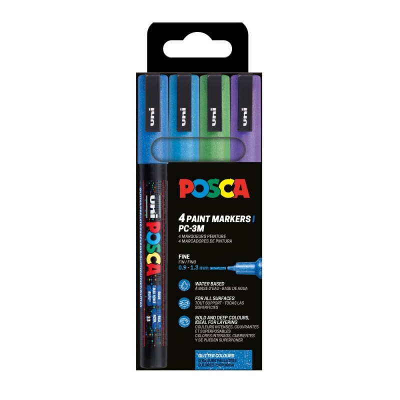 Marker UNI Posca PC-3ML, varf rotund, 0.9-1.3mm, set  4 culori reci, cu sclipici