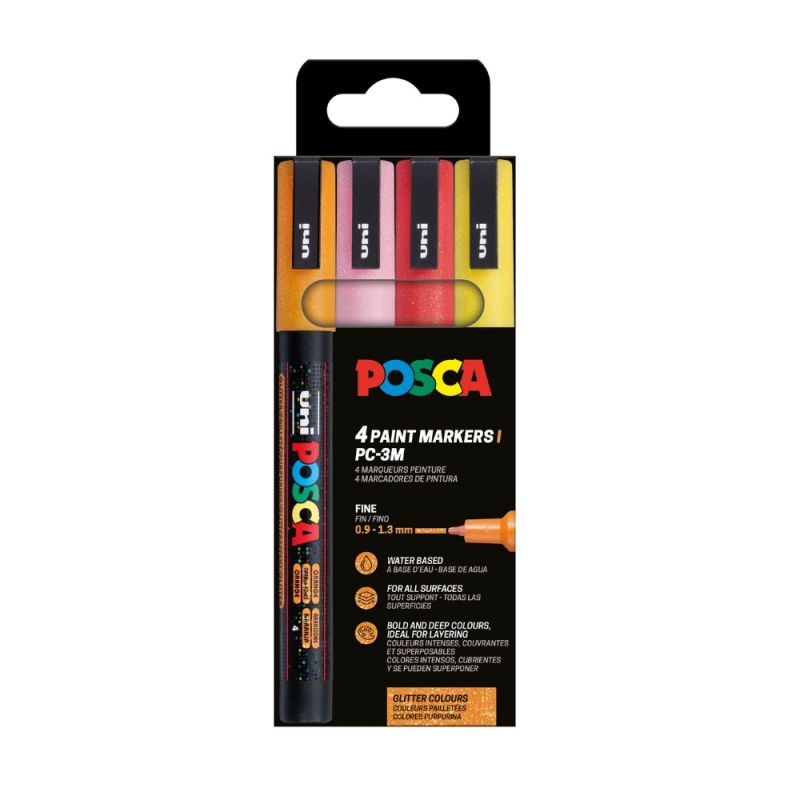 Marker UNI Posca PC-3ML, varf rotund, 0.9-1.3mm, set  4 culori calde, cu sclipici