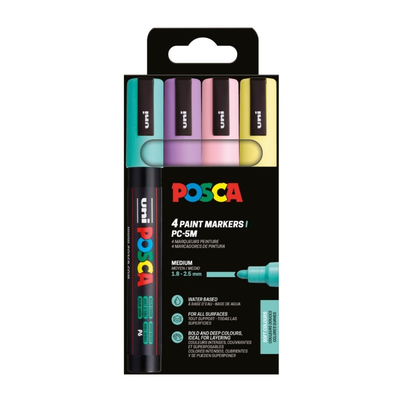 Marker UNI Posca PC-5M, varf rotund, 1.8-2.5mm, set  4 culori pastel