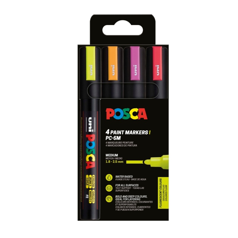 Marker UNI Posca PC-5M, varf rotund, 1.8-2.5mm, set  4 culori fluorescente (orange, roz, rosu, galben)