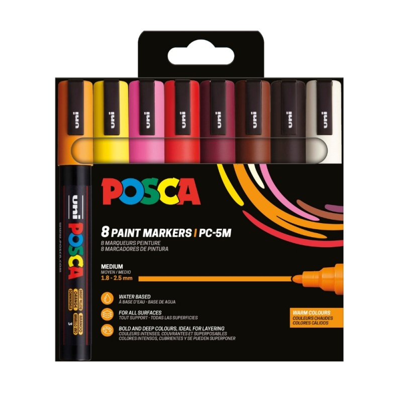 Marker UNI Posca PC-5M, varf rotund, 1.8-2.5mm, set  8 culori calde