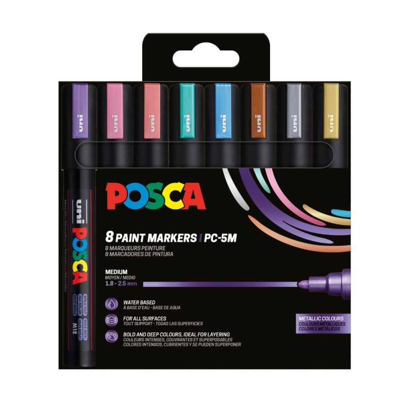 Marker UNI Posca PC-5M, varf rotund, 1.8-2.5mm, set  8 culori metalizate