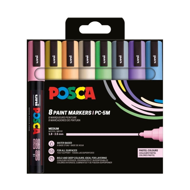 Marker UNI Posca PC-5M, varf rotund, 1.8-2.5mm, set  8 culori pastel