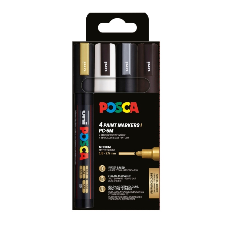 Marker UNI Posca PC-5M, varf rotund, 1.8-2.5mm, set  4 culori (negru, argintiu, auriu, alb)
