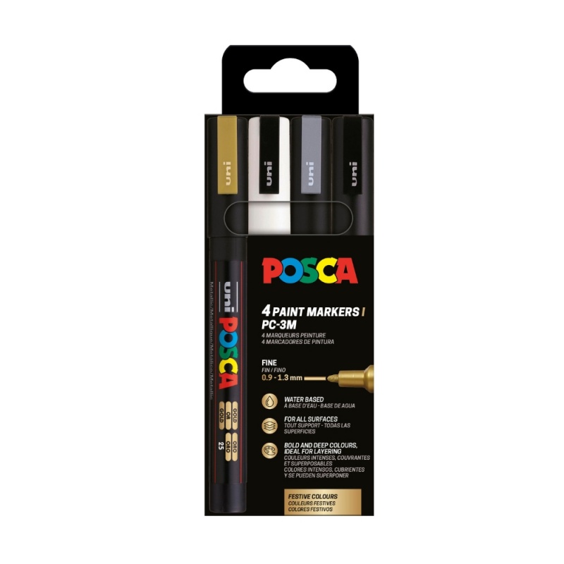 Marker UNI Posca PC-3M, varf rotund, 0.9-1.3mm, set  4 culori (negru, argintiu, auriu, alb)