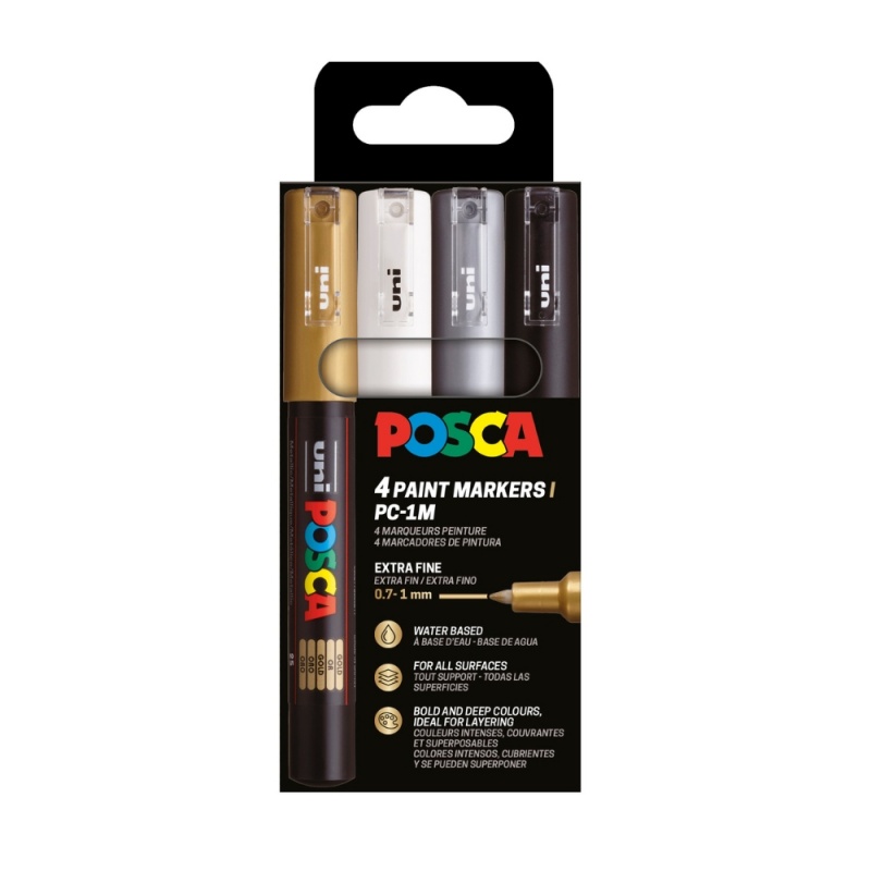 Marker UNI Posca PC-1M, varf rotund, 0.7mm, set  4 culori (negru, argintiu, auriu, alb)