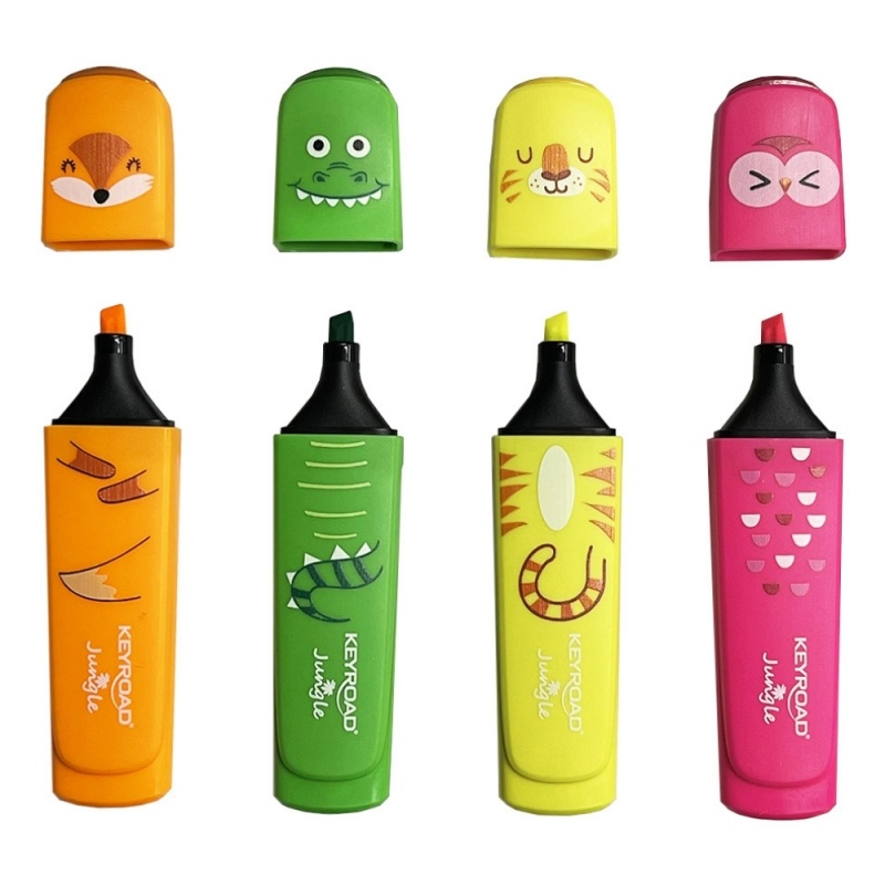Textmarker Keyroad Jungle KR972176, varf tesit, pentru copii, set 4 culori fluorescente (galben, verde, orange, roz)
