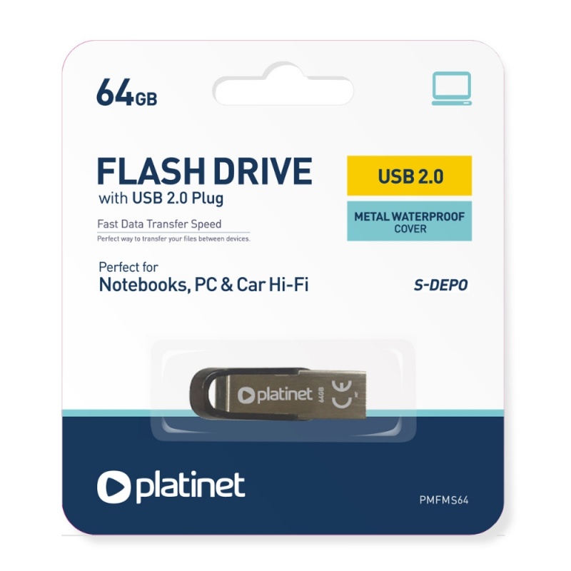 Stick memorie 64GB Platinet PMFMS64 44848, USB 2.0, carcasa aluminiu, argintiu