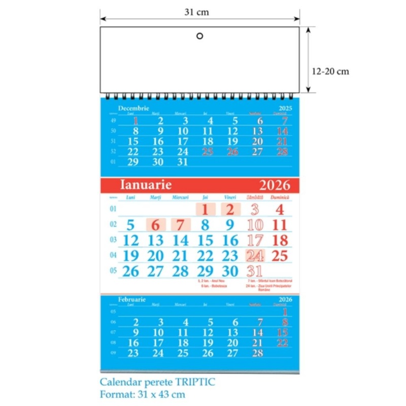 Calendar triptic de perete Unicart, A3, cu cursor, cu spira