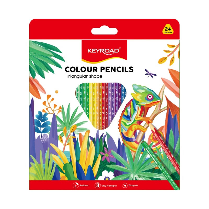 Creioane colorate Keyroad KR971277, triunghiulare, 24 culori, blister carton