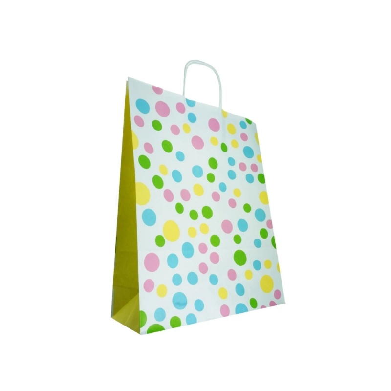 Punga cadou Colorarte 29896, B4, 26x35x12cm, 90g/mp, alb cu buline, manere din hartie rasucita