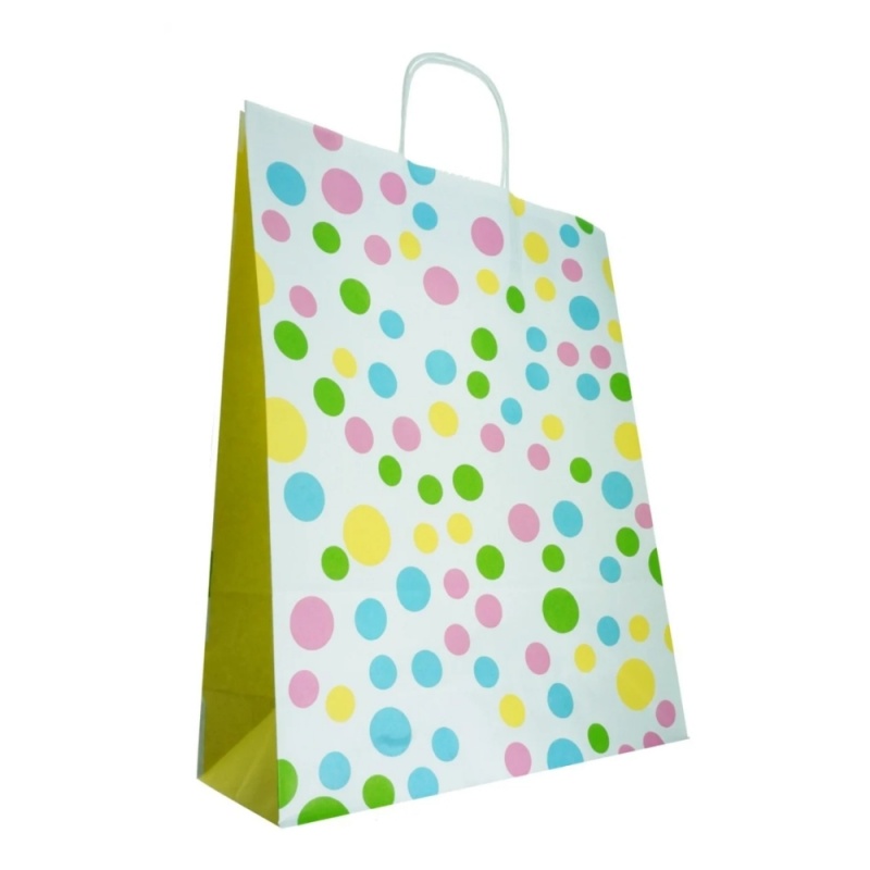 Punga cadou Colorarte 29895, A4, 22x31x10cm, 90g/mp, alb cu buline, manere din hartie rasucita