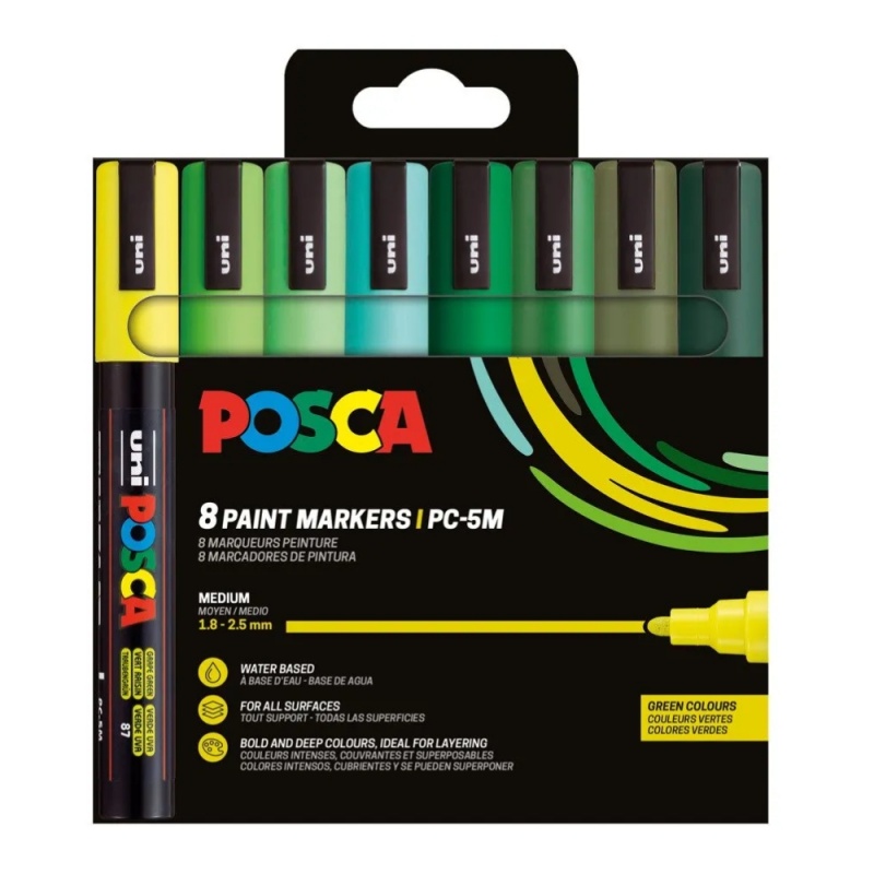 Marker UNI PC-5M Posca 1.8-2.5 mm set 8 culori, nuante de verde