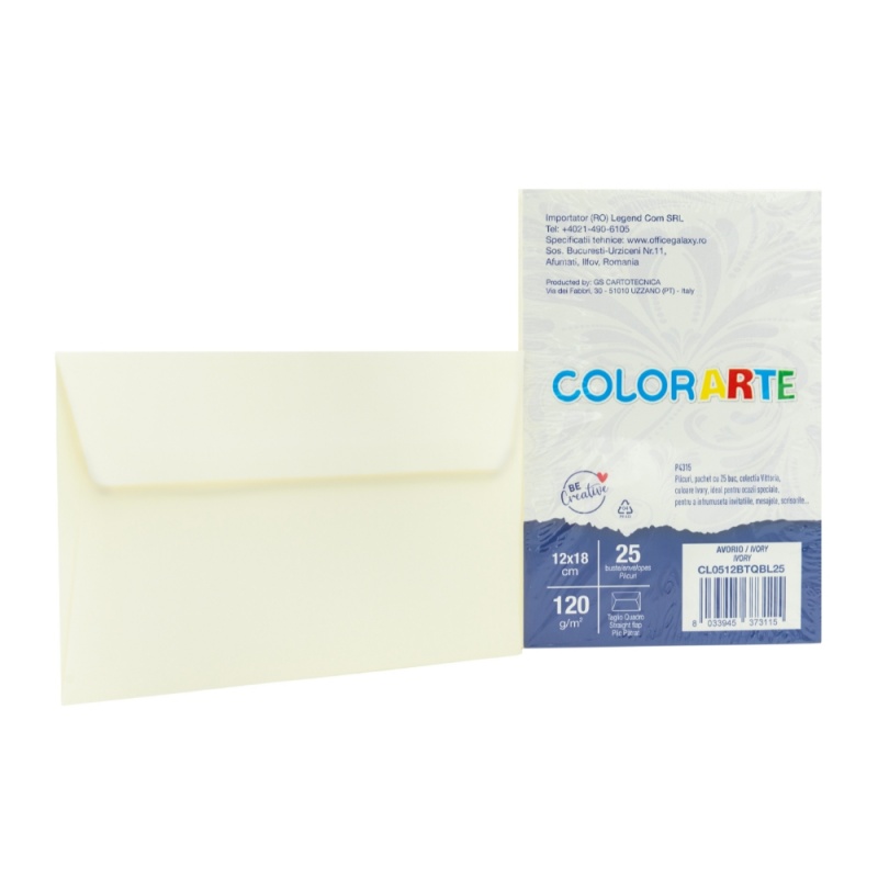 Plic color pentru invitatie Colorarte Vittoria, ivory, 120g/mp, 120x180mm, set 25 buc